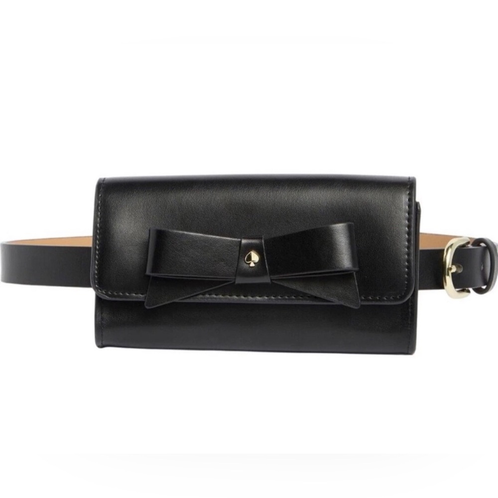 Kate Spade NWT Black Leather Bow Belt Bag Waist Purse Adjustable strap L/XL